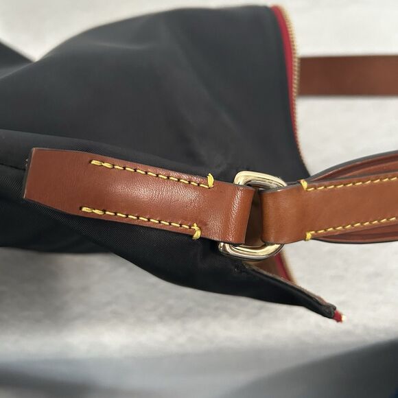 Dooney & Bourke Hobo Purse Black Nylon Cognac Leather Detail Pockets Logo Zipper - Picture 14 of 16